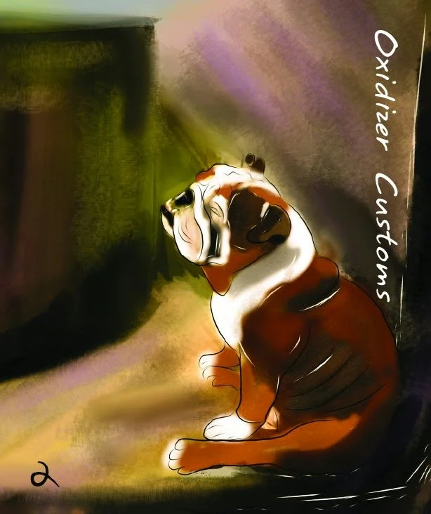 An English bulldog sitting in a shaft of light, the words Oxidizer Customs painted down the side