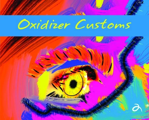 A painted eye in a storm of red, orange, violet and blue brush strokes, under an Oxidizer Customs banner